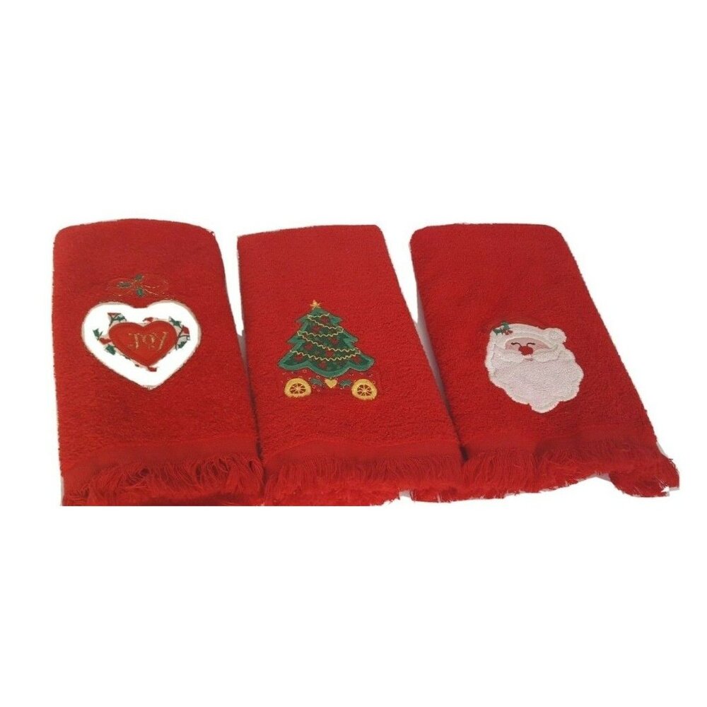 3 Vtg Red Finger‎ Tip Hand Towels Christmas MCM Holiday Santa Tree Joy